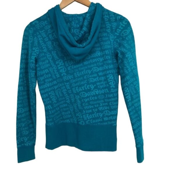 Harley Davidson  Bright Teal Blue All Over Text zipper front Hoodie size SP - Picture 2 of 15